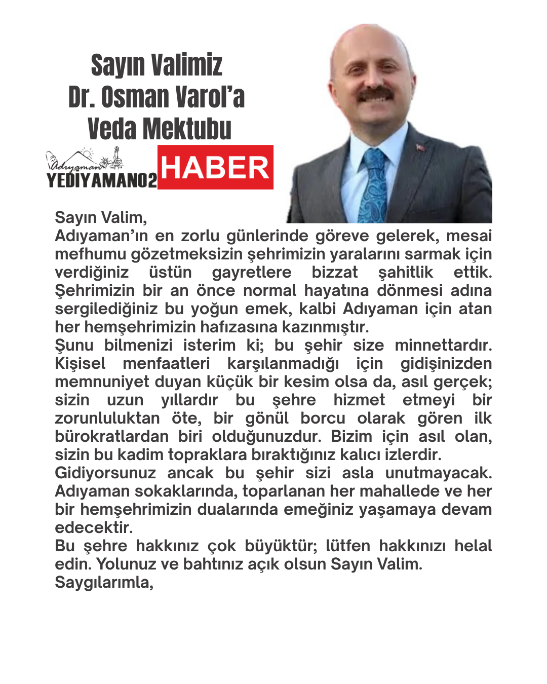 Sayın Valimiz Dr. Osman Varol’a Veda Mektubu